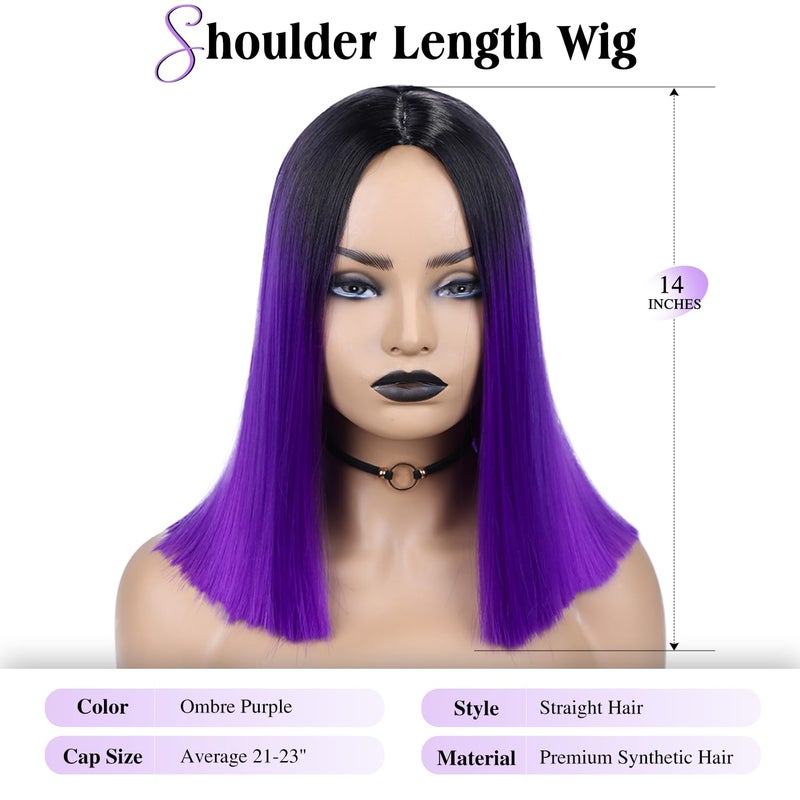 فانسي هير شعر مستعار قصير مستقيم بلون بنفسجي متدرج، فرق في المنتصف، يصل إلى الكتفين، جذور داكنة، شعر مستعار صناعي طبيعي للنساء، مناسب للاستخدام اليومي والحفلات والتنكر. - Image 3